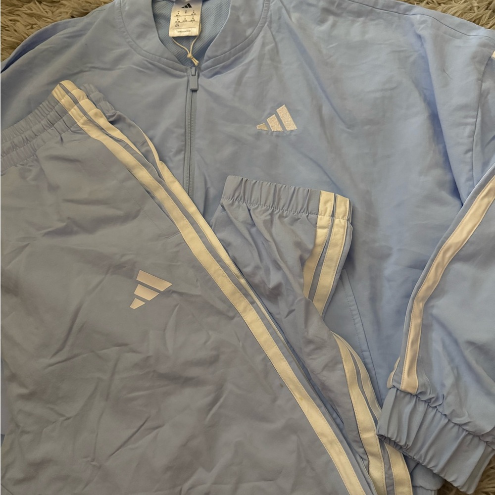 Adidas Light Blue Windbreaker Tracksuit with White Stripes
